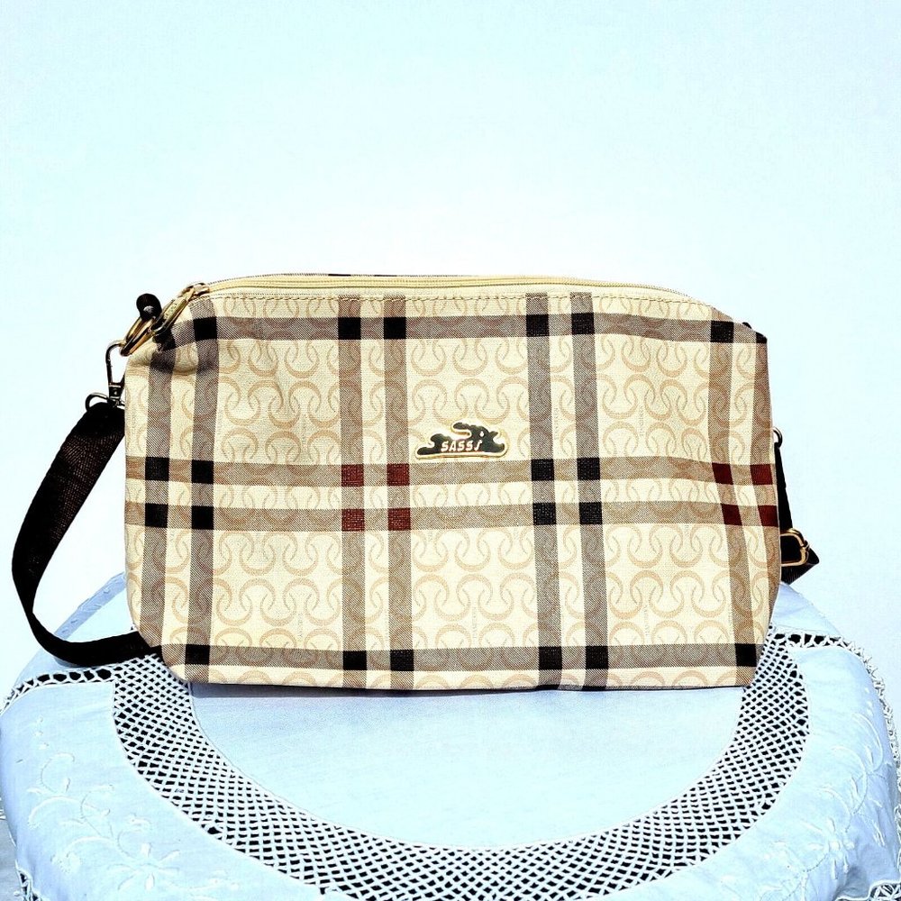 Sassi Intertwining Crescents Plaid Style Purse - Ivory Beige Shoulder Bag